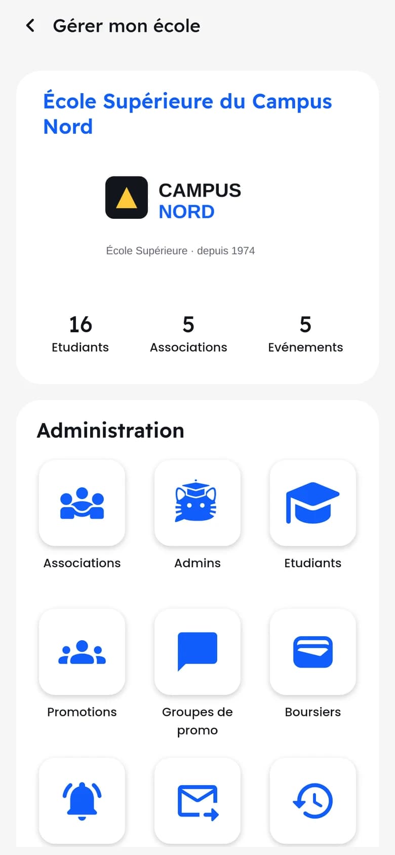 Tableau de bord d’administration d’une école