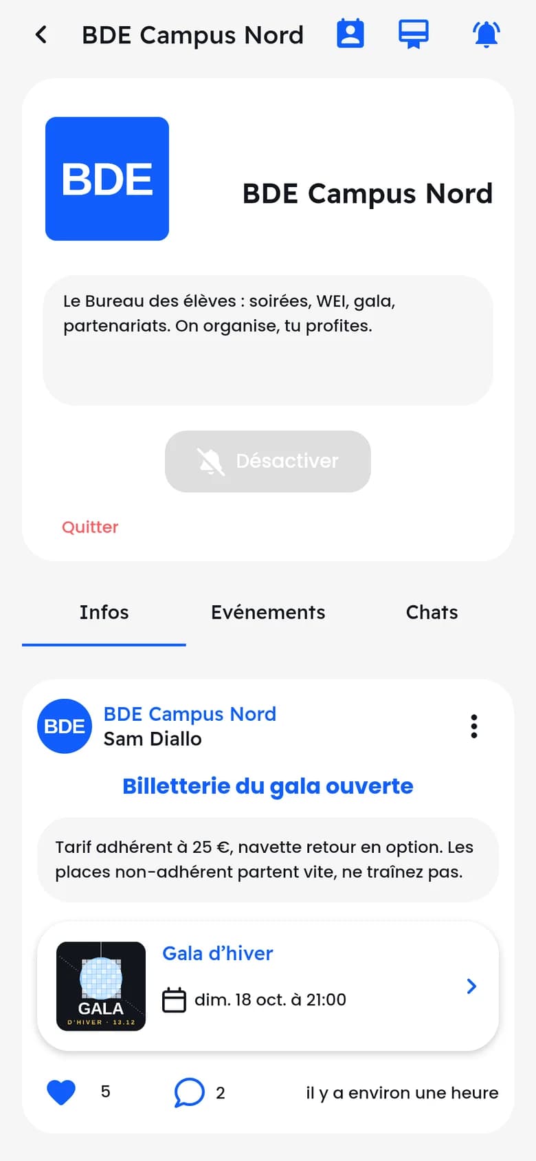 Page de l’association BDE Campus Nord