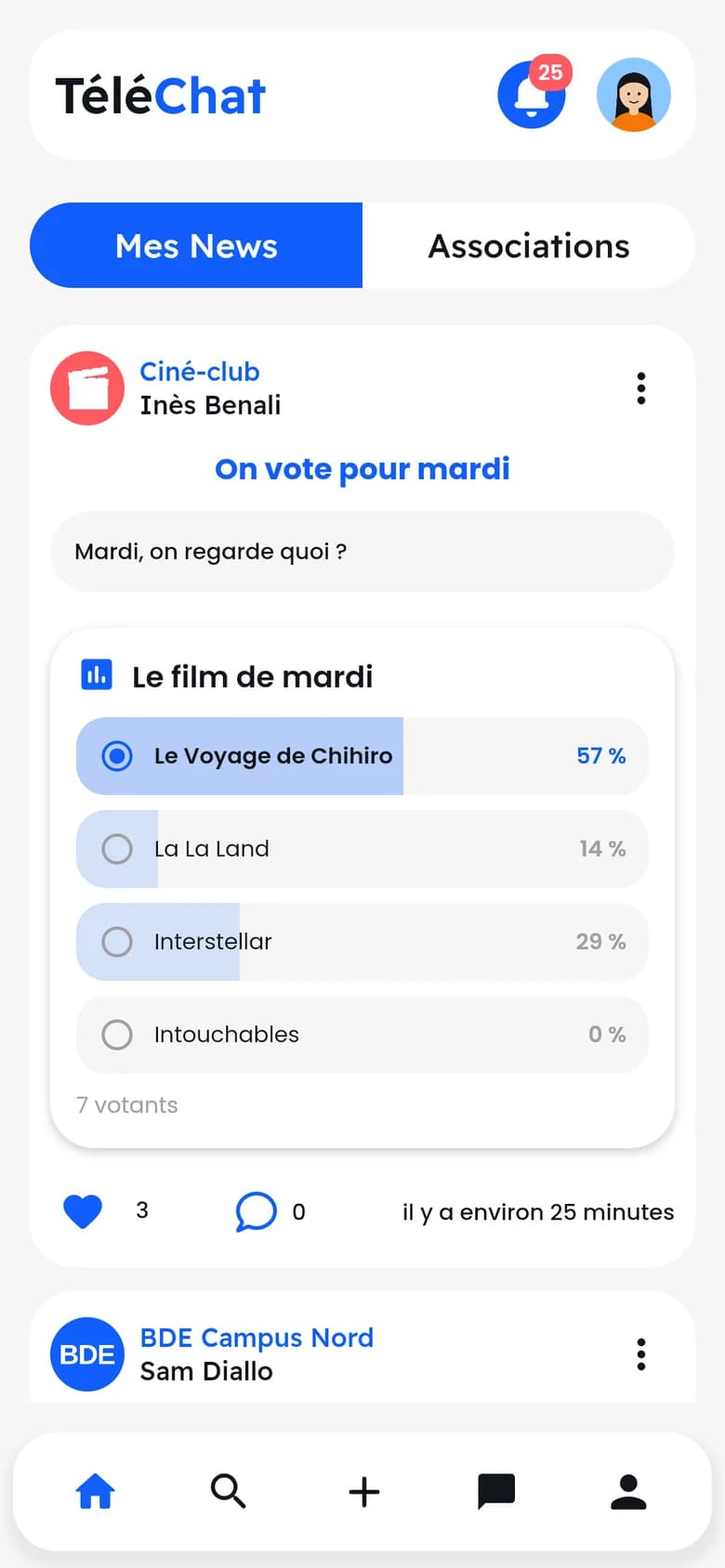 Accueil de TéléChat : les publications des associations suivies, avec un sondage