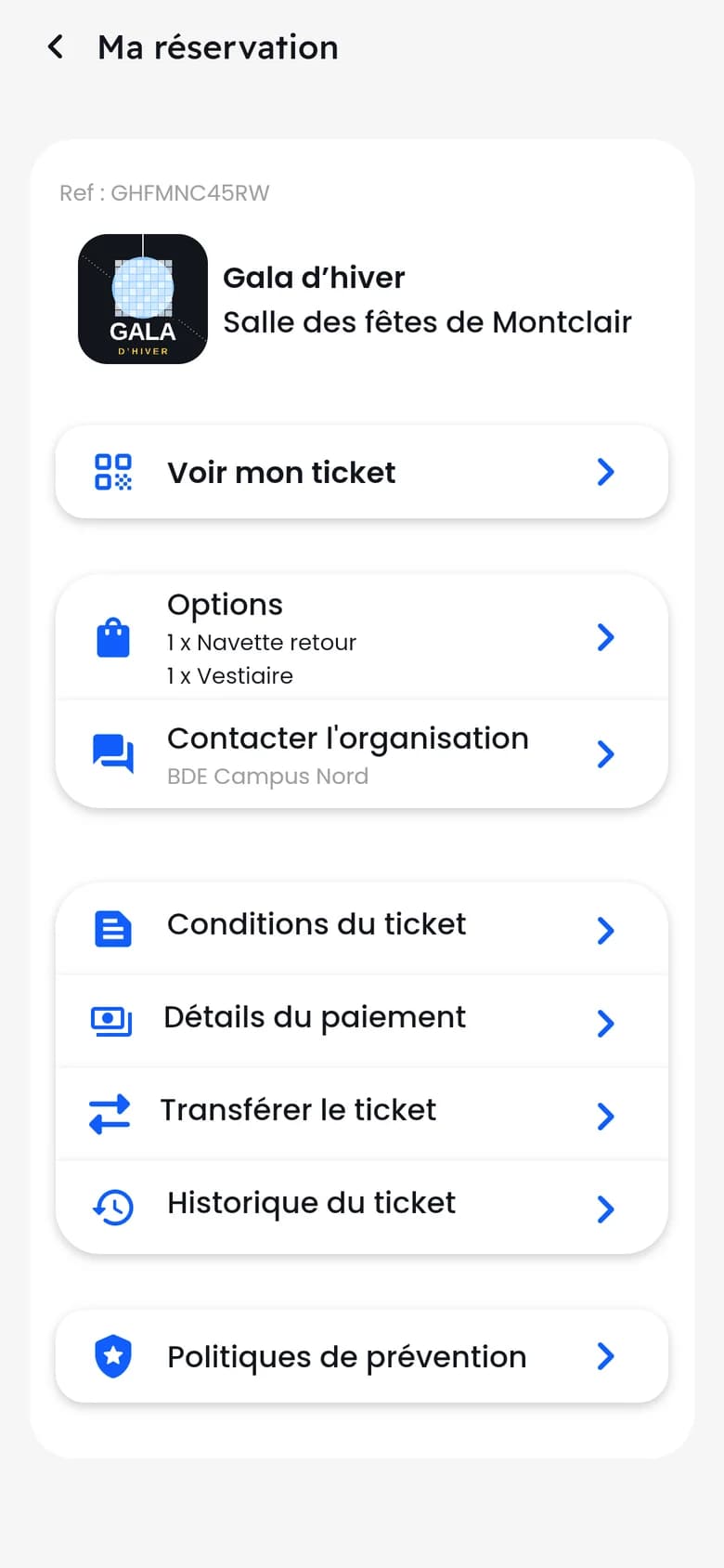 Réservation pour le Gala d’hiver, avec ses options